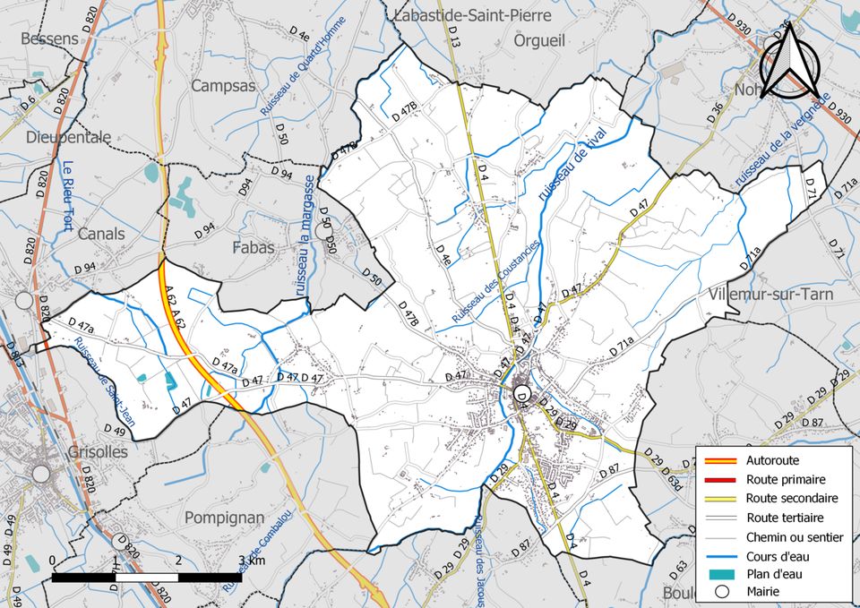 Carte des routes et du réseau hydrographique de Fronton